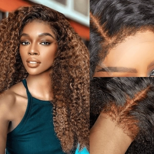 4C Edges | Kinky Edges Ombre Brown Deep Wave Glueless 13x4 Frontal HD Lace Side Part Long Wig 100% Human Hair