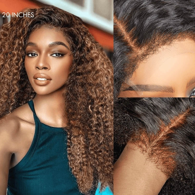 4C Edges | Kinky Edges Ombre Brown Deep Wave Glueless 13x4 Frontal HD Lace Side Part Long Wig 100% Human Hair
