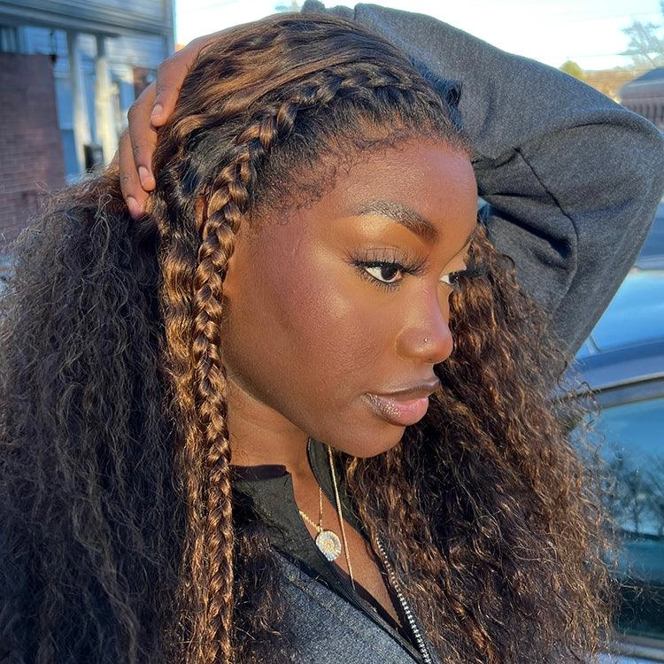 4C Edges | Kinky Edges Ombre Brown Deep Wave Glueless 13x4 Frontal HD Lace Side Part Long Wig 100% Human Hair