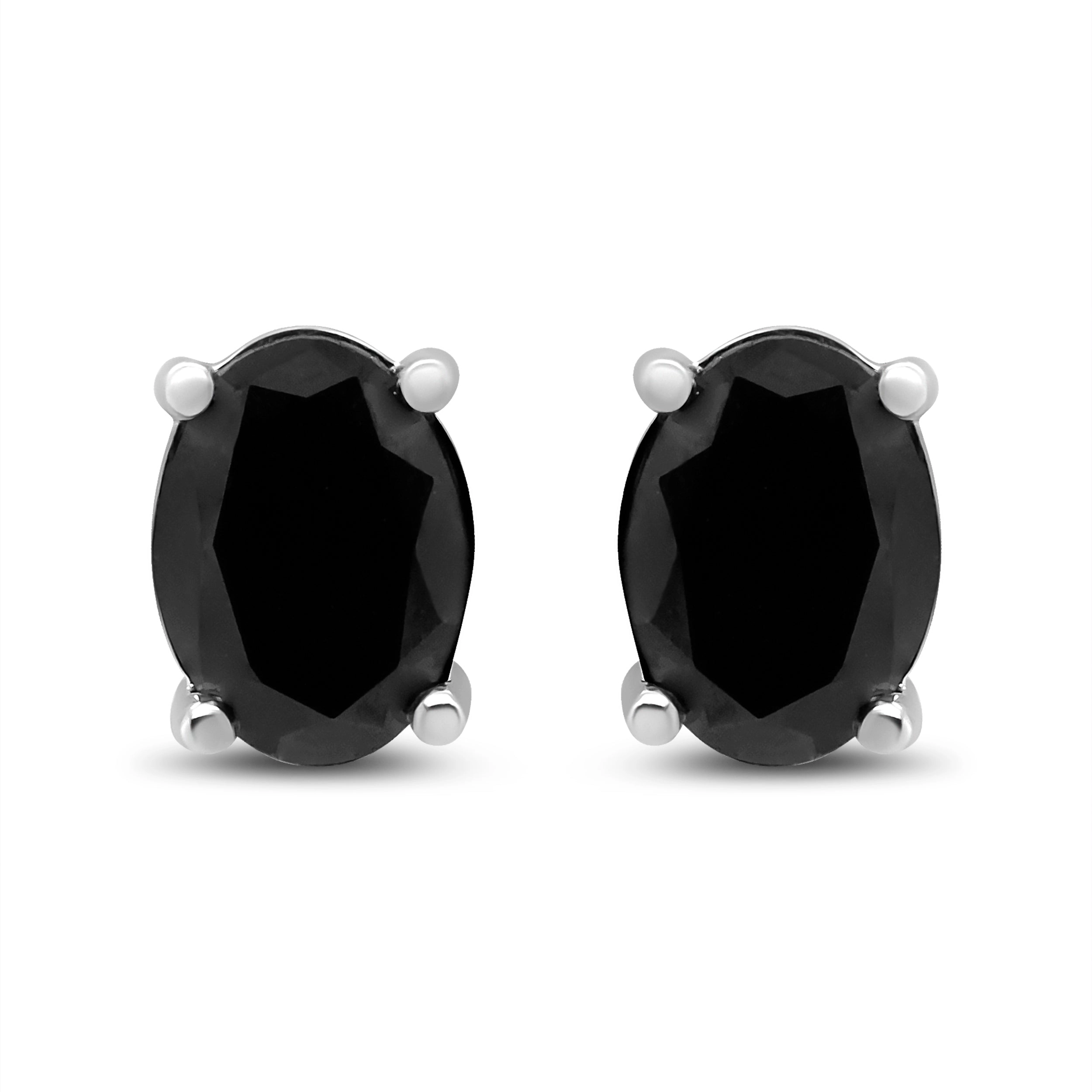 .925 Sterling Silver Prong Set Treated Black Oval Diamond Stud Earring