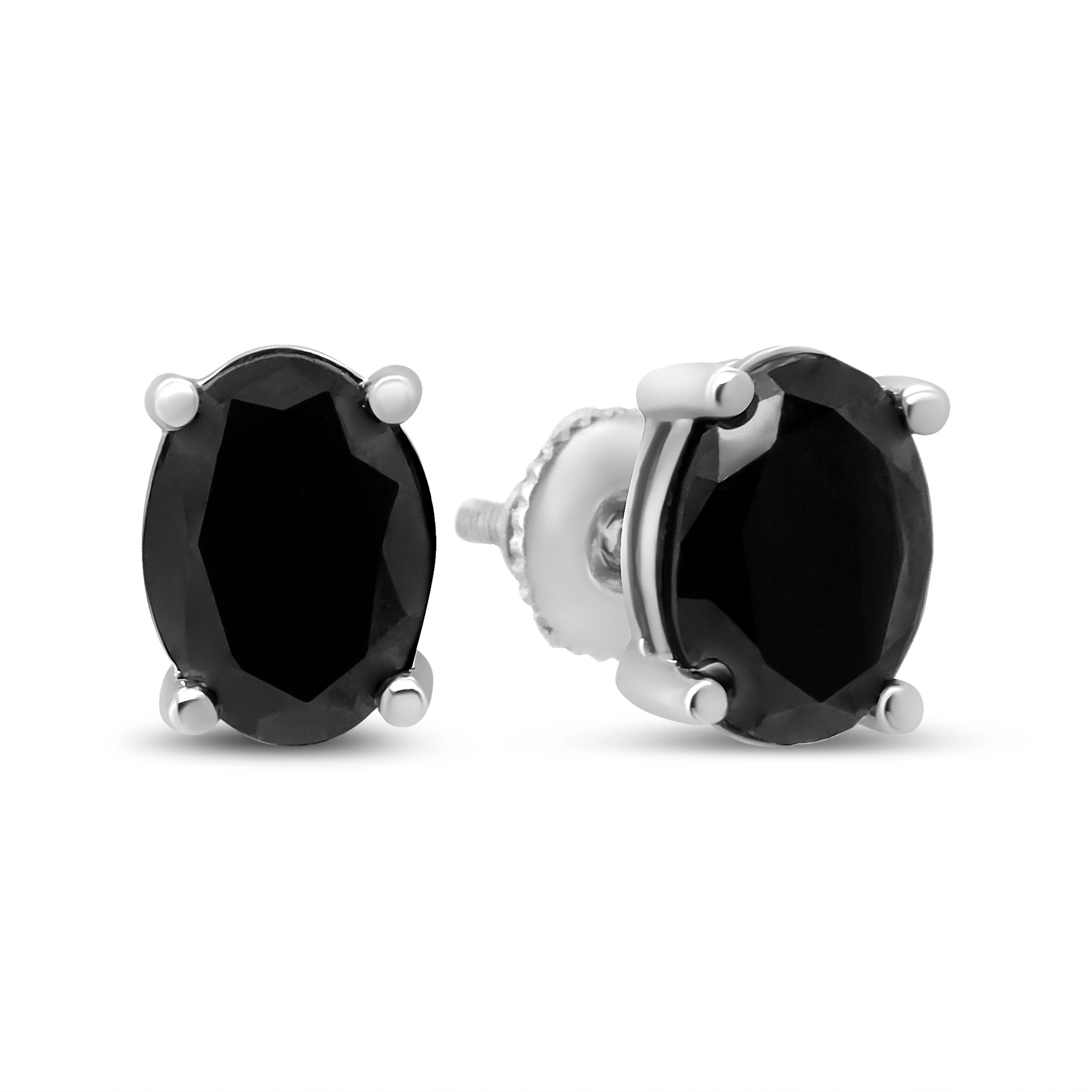 .925 Sterling Silver Prong Set Treated Black Oval Diamond Stud Earring
