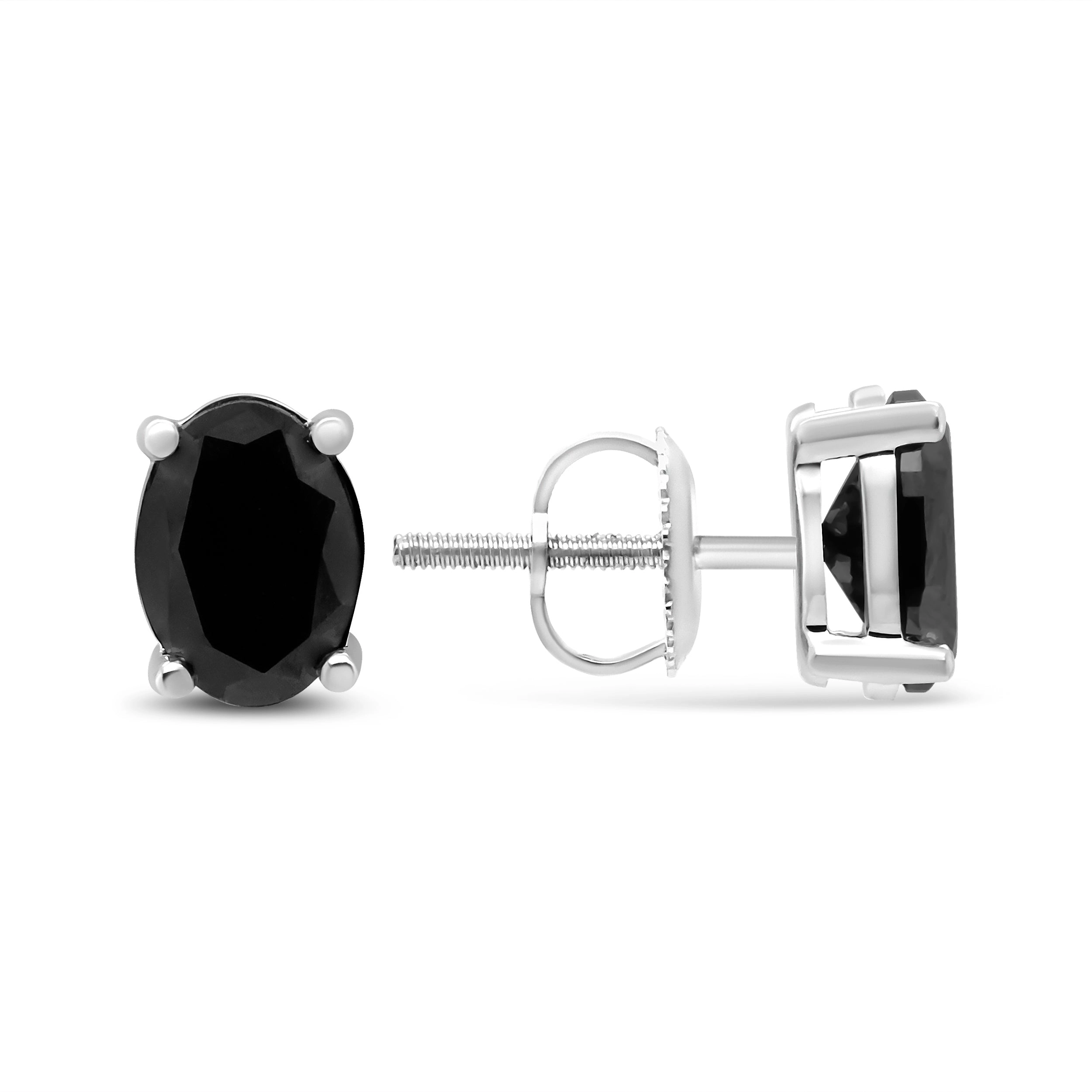 .925 Sterling Silver Prong Set Treated Black Oval Diamond Stud Earring