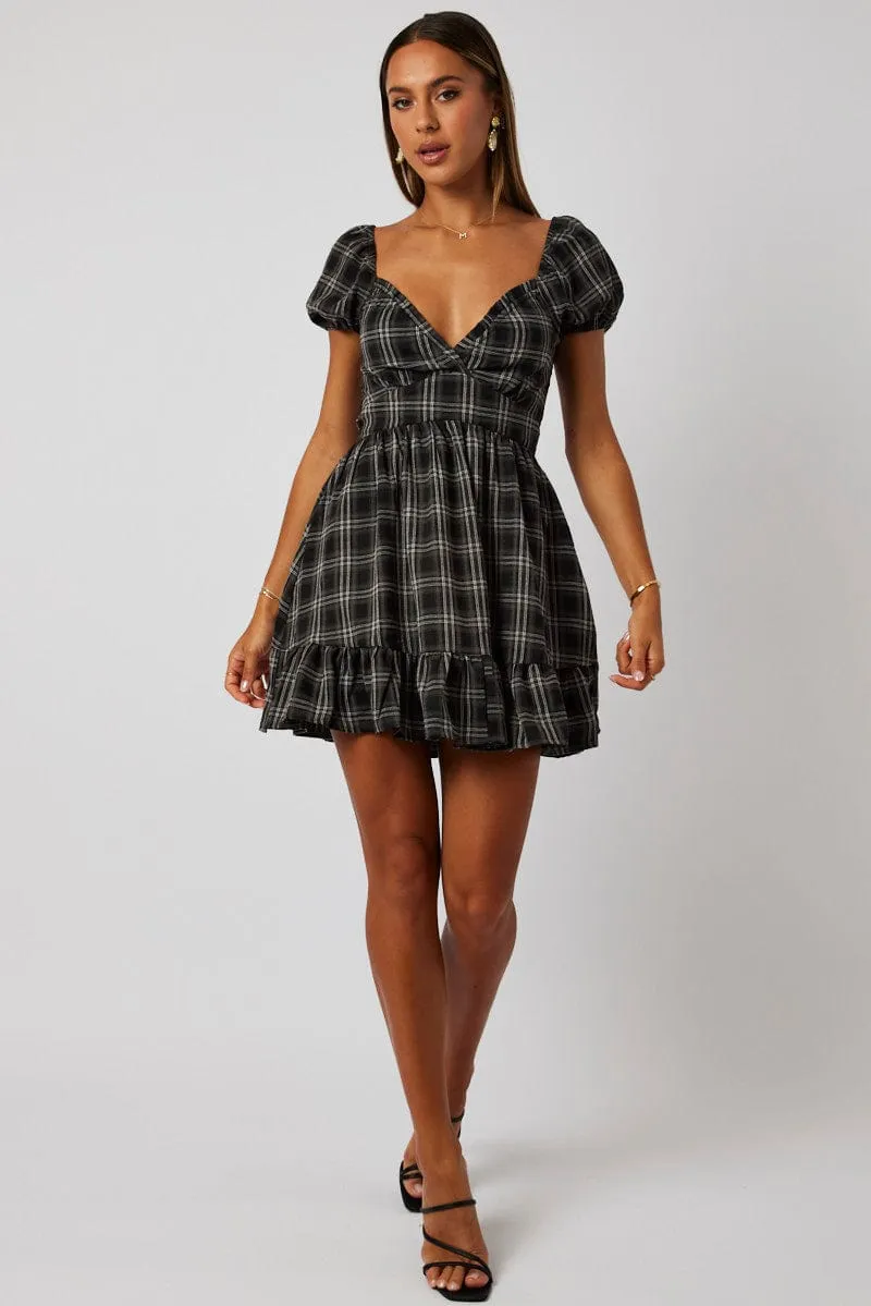 Black Check Fit And Flare Dress Puff Sleeve