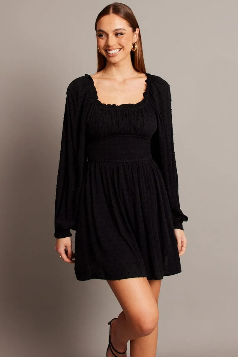 Black Fit And Flare Dress Long Sleeve Mini
