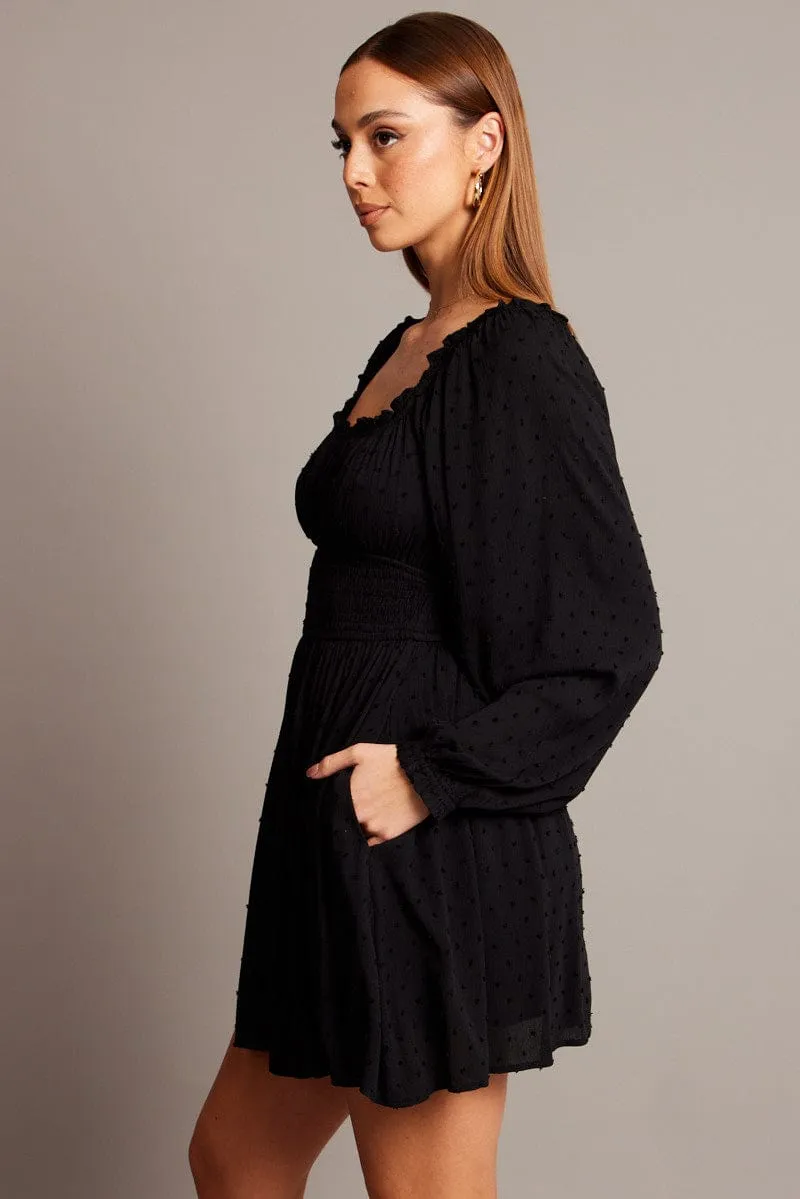 Black Fit And Flare Dress Long Sleeve Mini