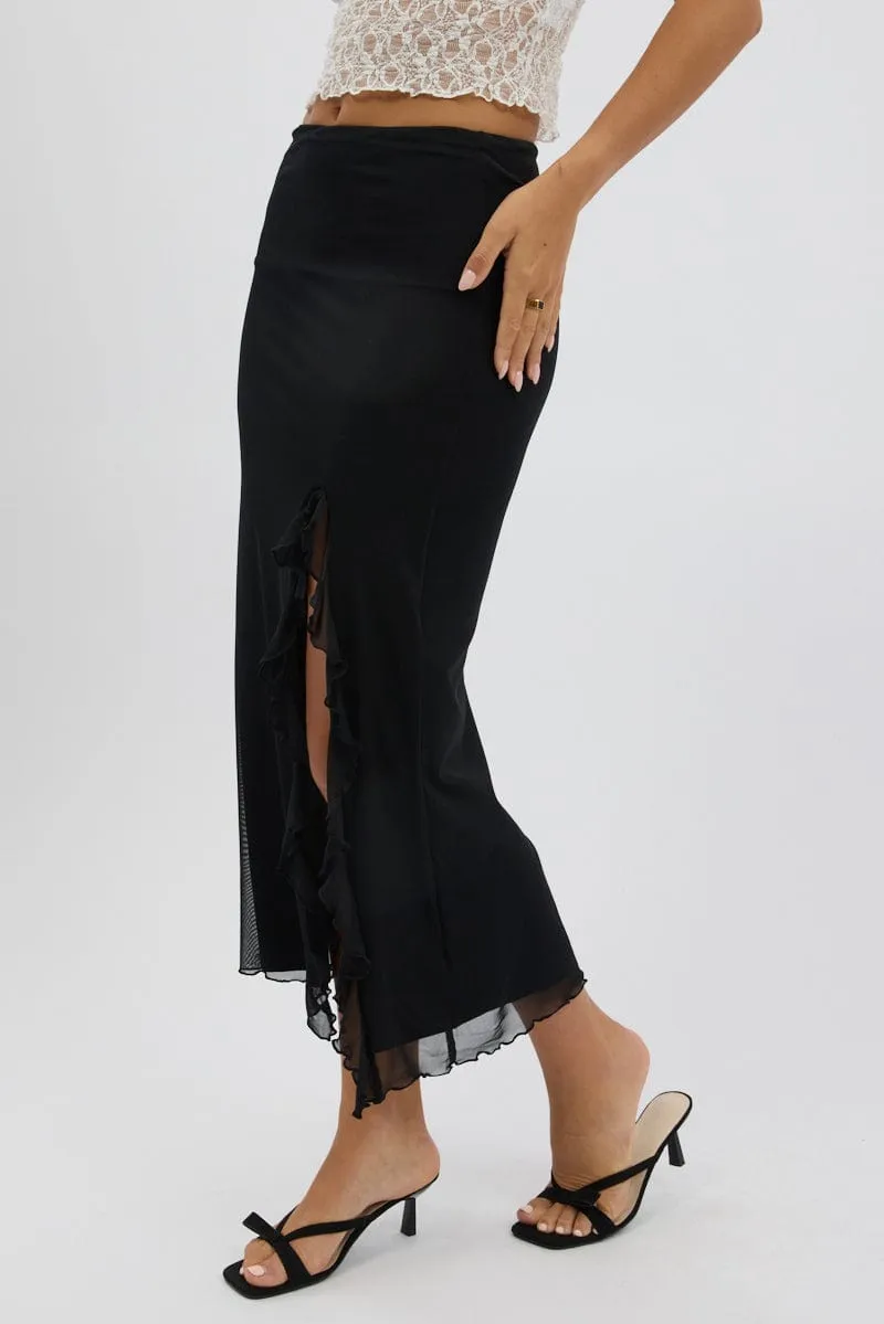 Black Maxi Skirt High Rise Ruffled Slit  Frill Hem Mesh