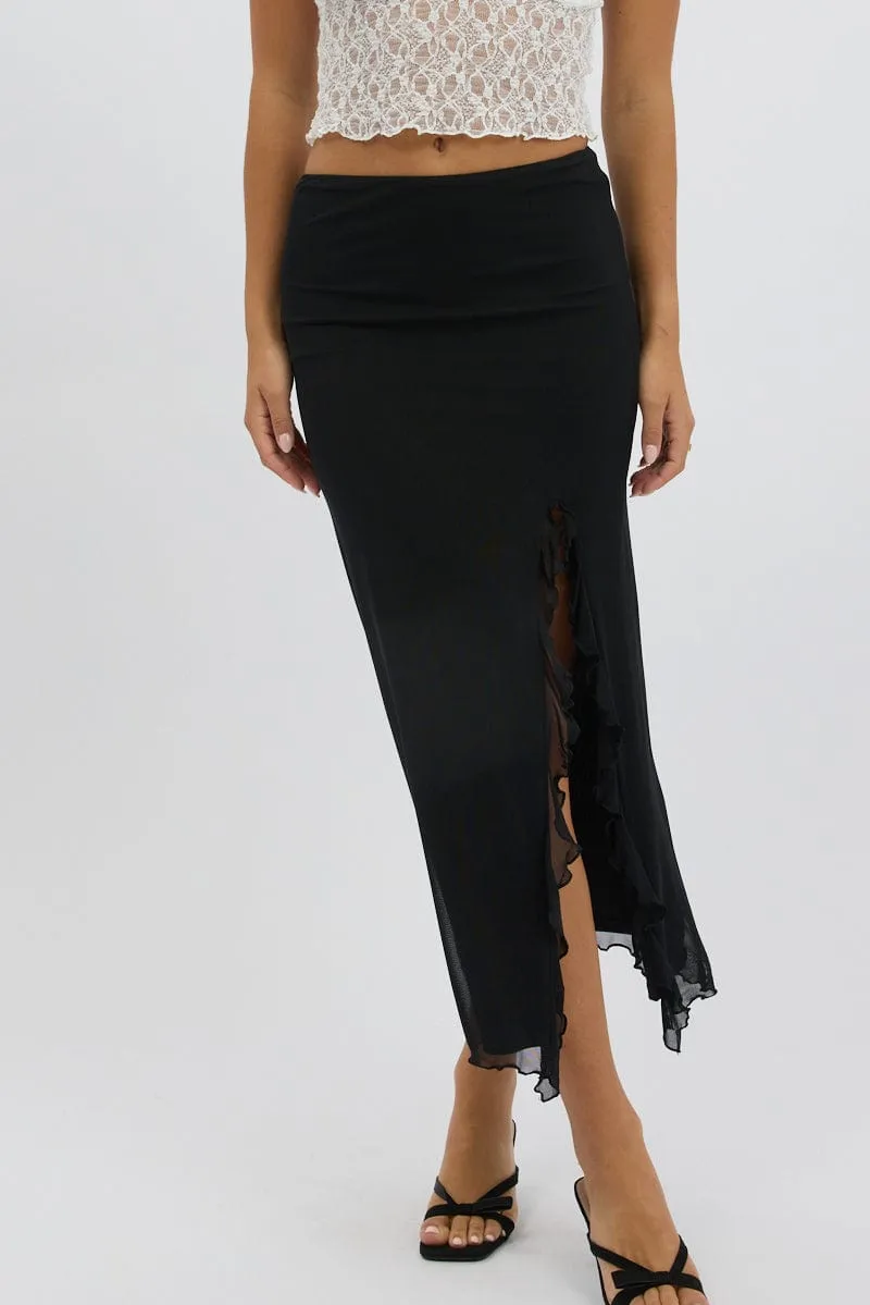 Black Maxi Skirt High Rise Ruffled Slit  Frill Hem Mesh