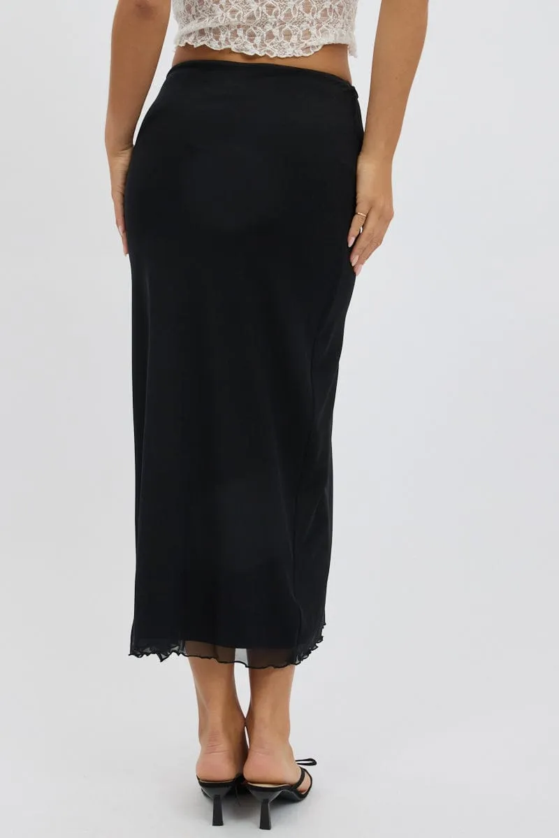 Black Maxi Skirt High Rise Ruffled Slit  Frill Hem Mesh