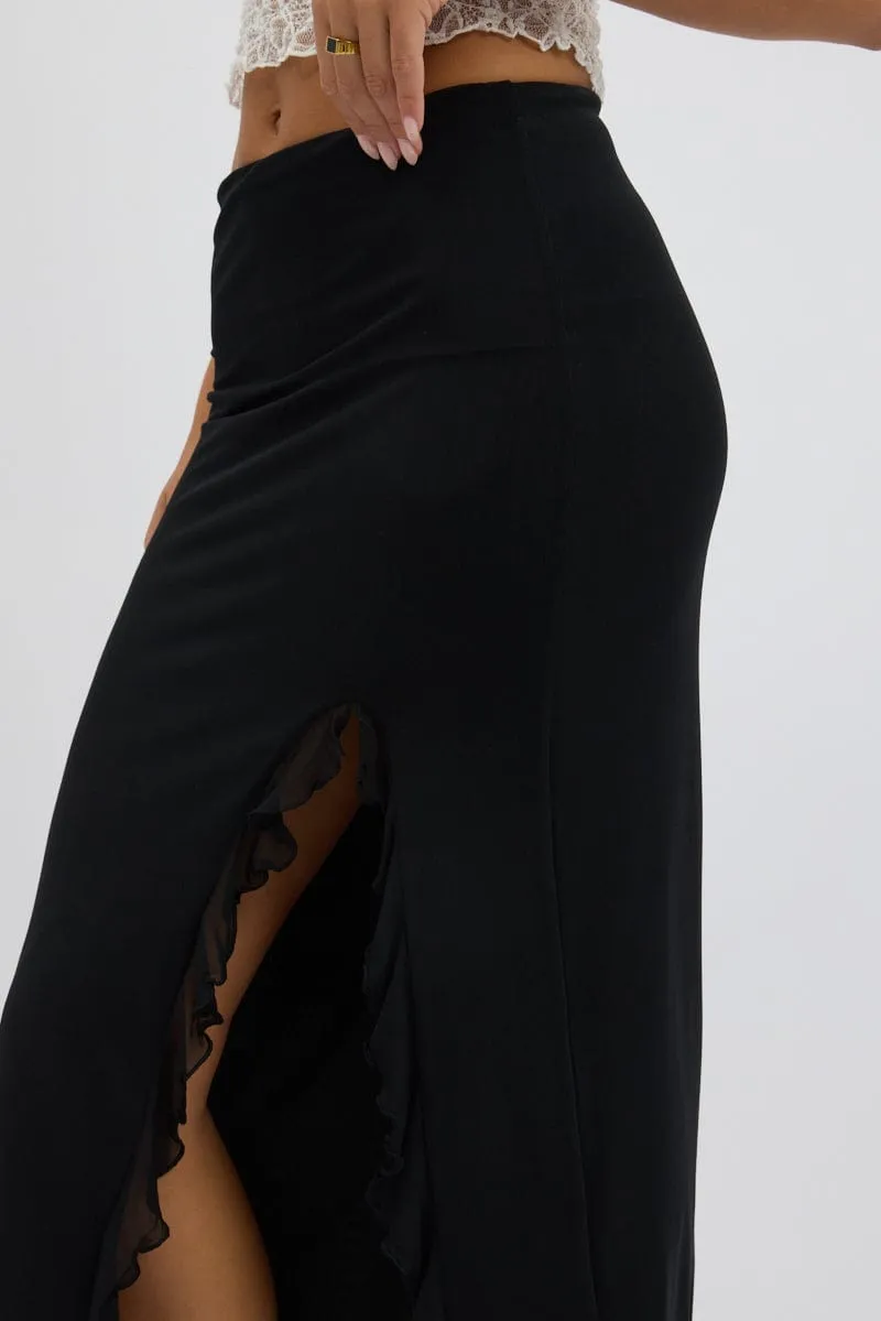 Black Maxi Skirt High Rise Ruffled Slit  Frill Hem Mesh