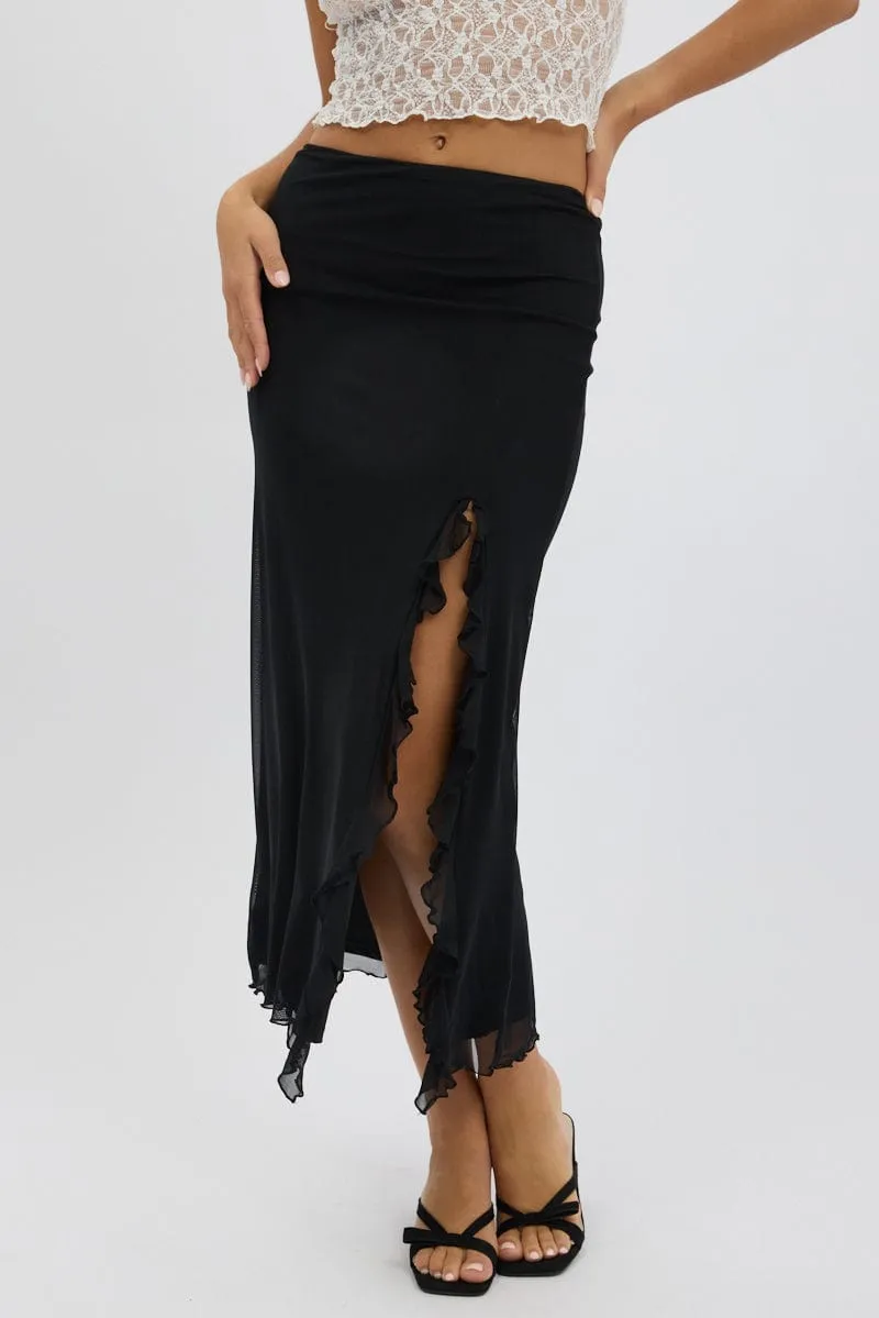Black Maxi Skirt High Rise Ruffled Slit  Frill Hem Mesh