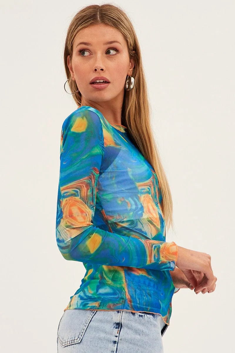 Blue Abstract Abstract Print Mesh Top
