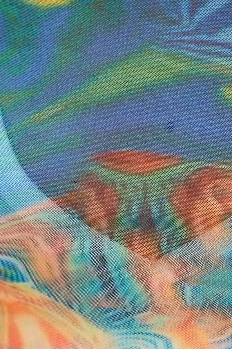 Blue Abstract Abstract Print Mesh Top