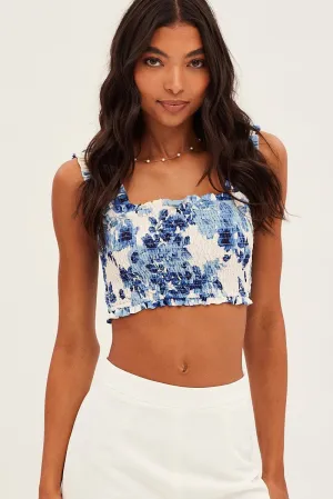 Blue Floral Crop Top Sleeveless Square Neck Shirred