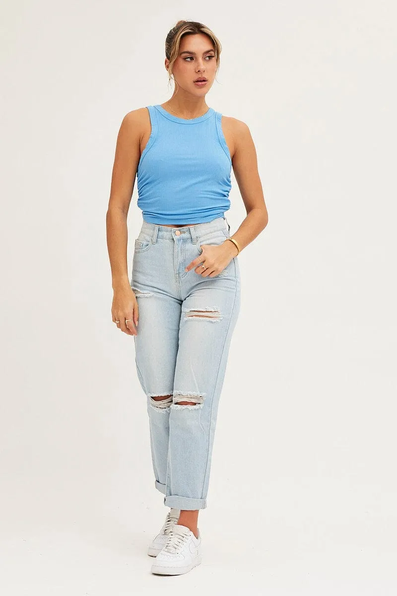 Blue Ribbed Ruched Side Racer Top