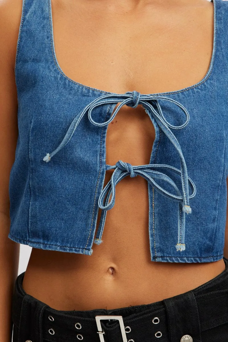 Blue Tie Front Top Sleeveless