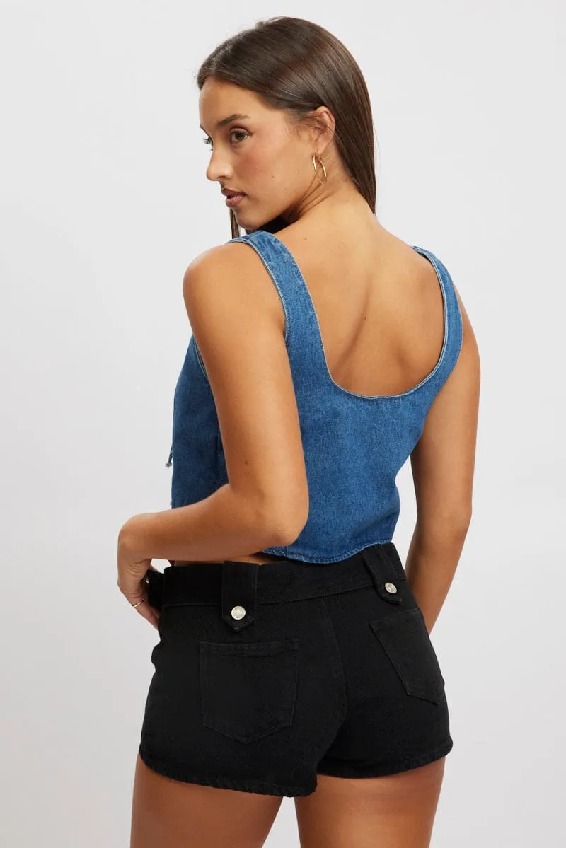 Blue Tie Front Top Sleeveless