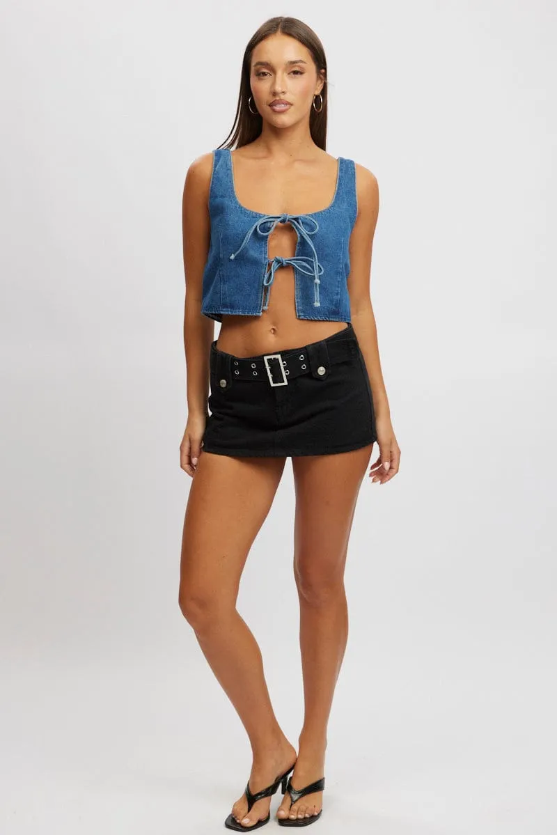 Blue Tie Front Top Sleeveless