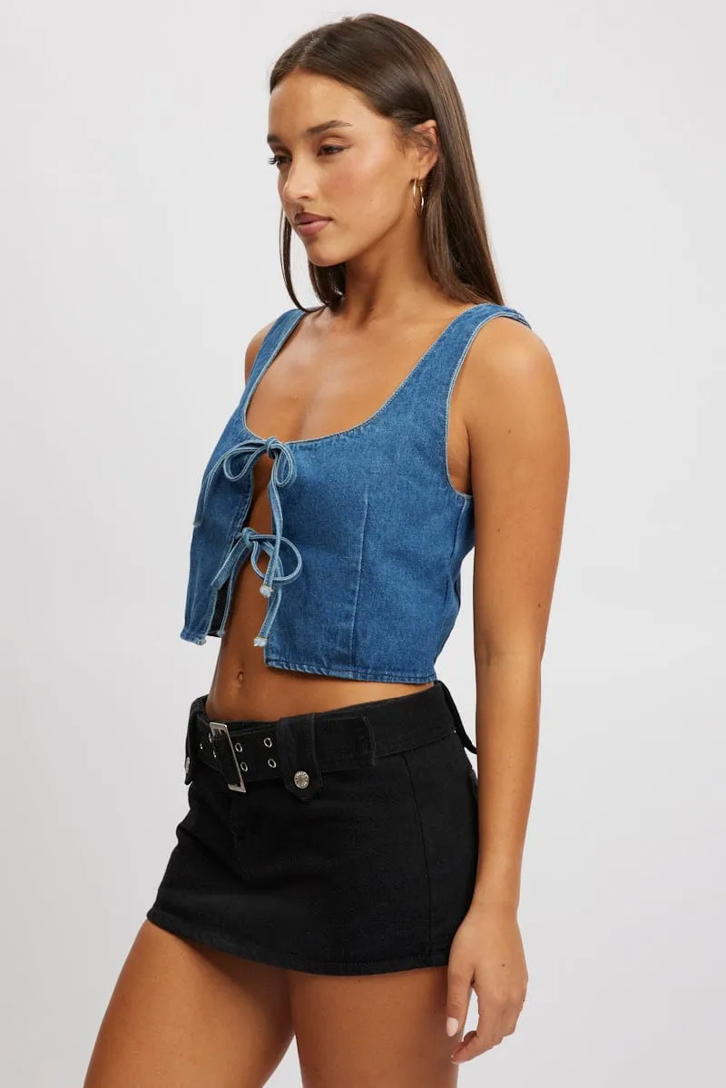 Blue Tie Front Top Sleeveless