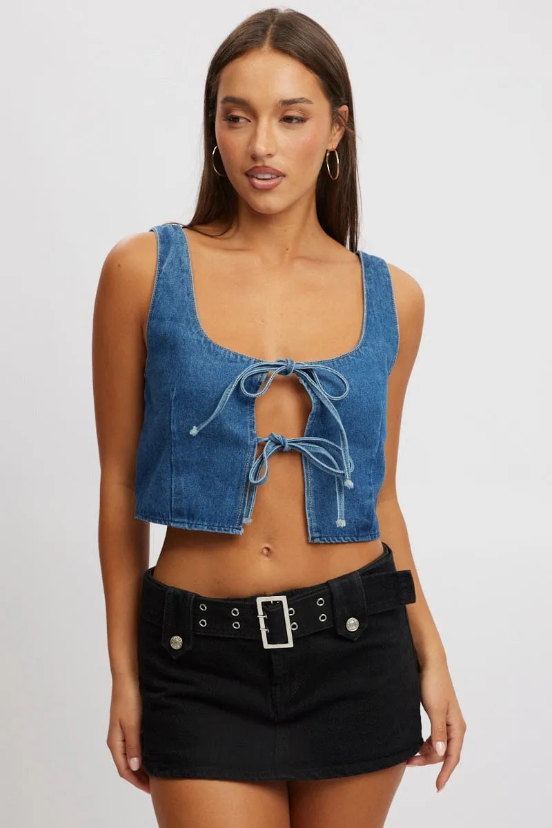 Blue Tie Front Top Sleeveless