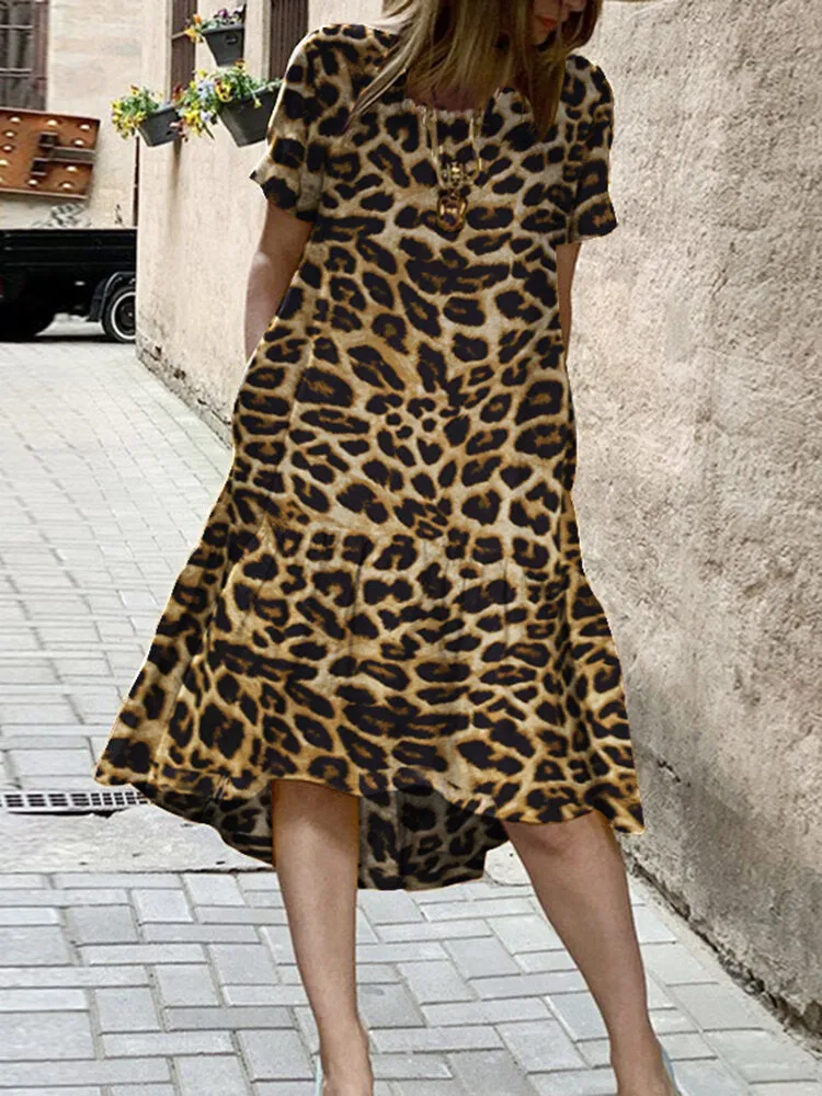 Casual Leopard Print Round Neck Loose Irregular Hem Pocket Women Midi Dress