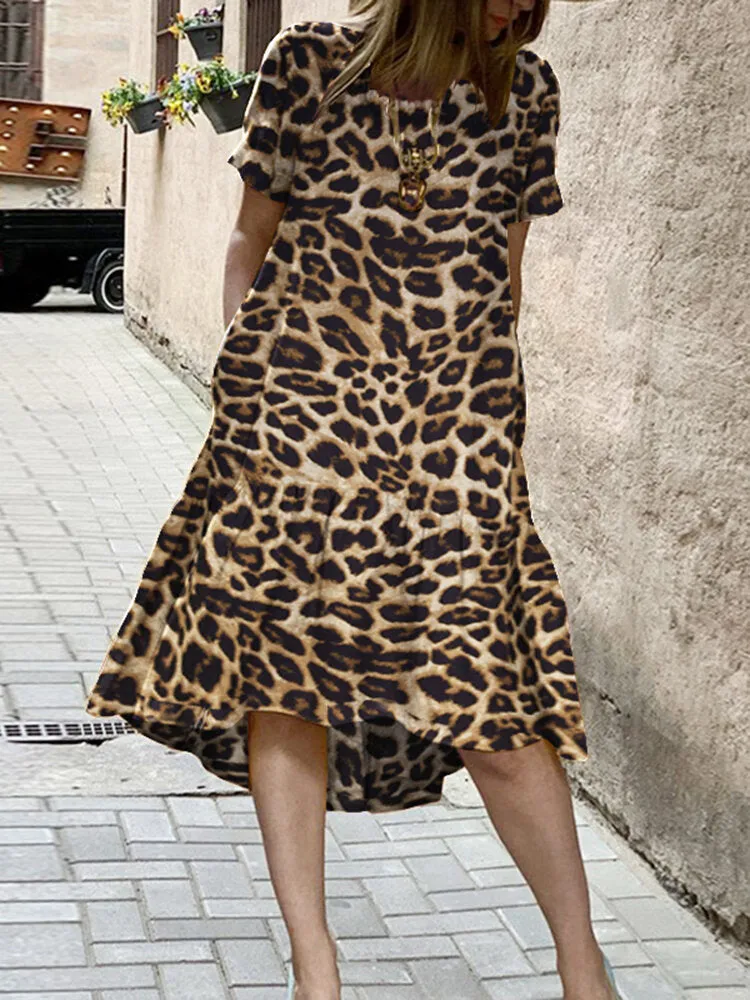 Casual Leopard Print Round Neck Loose Irregular Hem Pocket Women Midi Dress