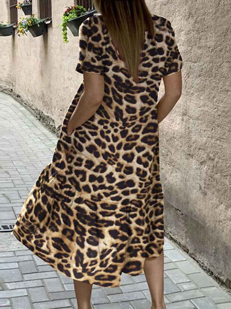 Casual Leopard Print Round Neck Loose Irregular Hem Pocket Women Midi Dress