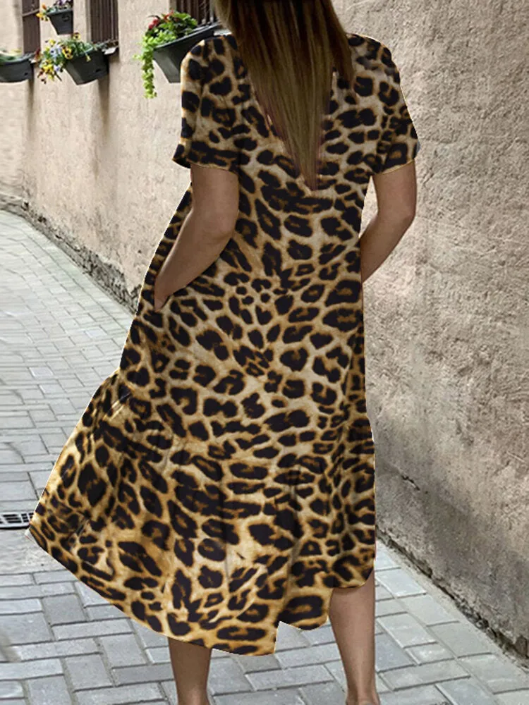 Casual Leopard Print Round Neck Loose Irregular Hem Pocket Women Midi Dress