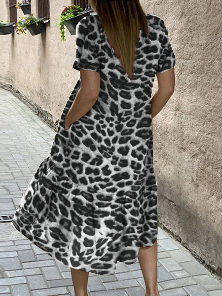 Casual Leopard Print Round Neck Loose Irregular Hem Pocket Women Midi Dress
