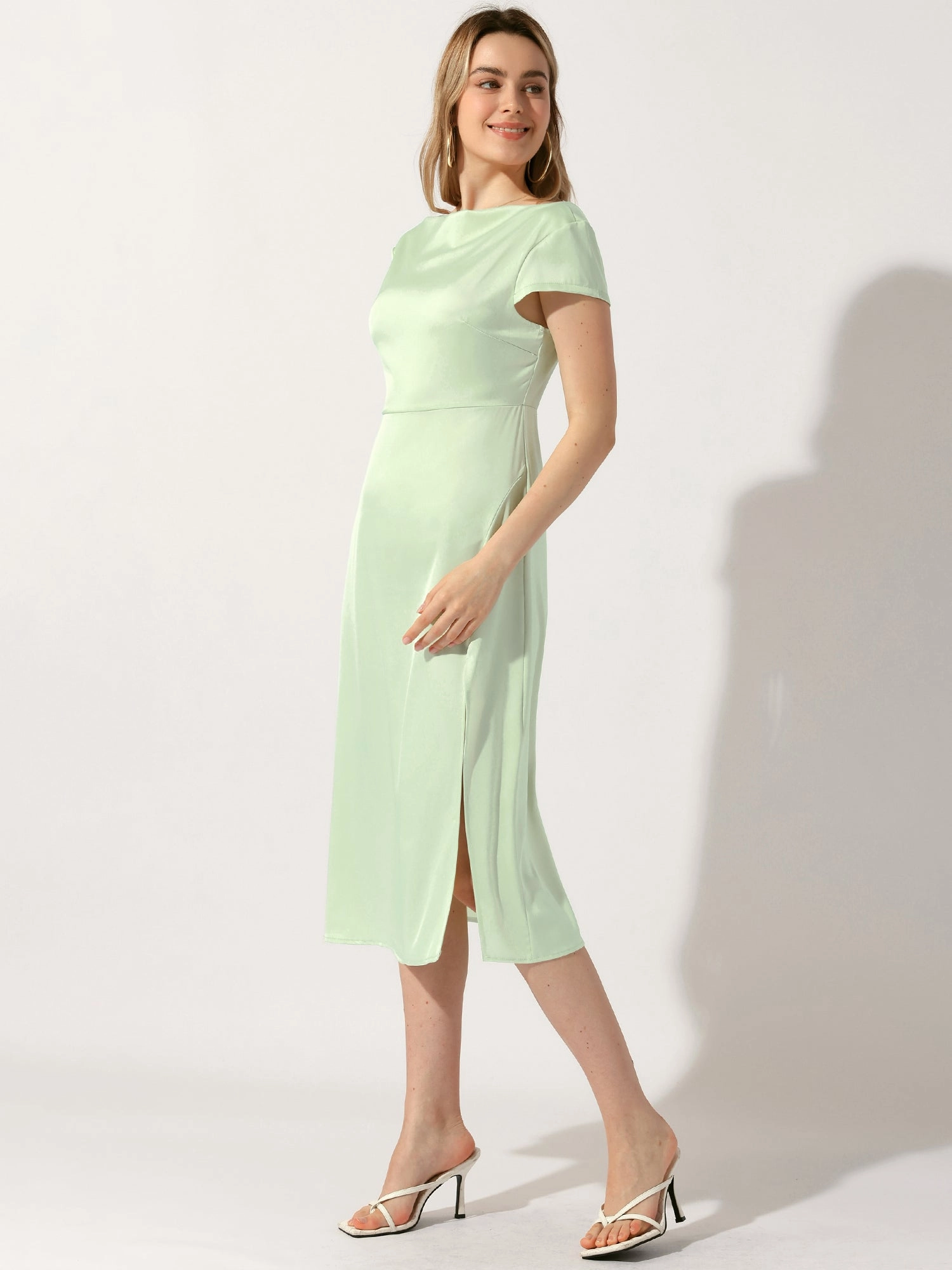 Cowl Neck Cap Sleeve Twist Cut-Out Backless Slit Midi Satin Dress