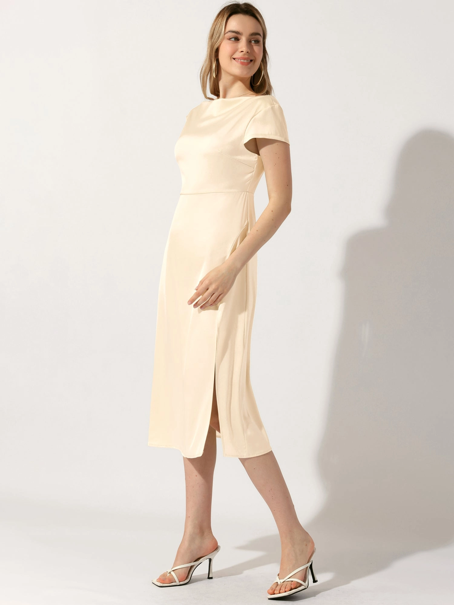 Cowl Neck Cap Sleeve Twist Cut-Out Backless Slit Midi Satin Dress