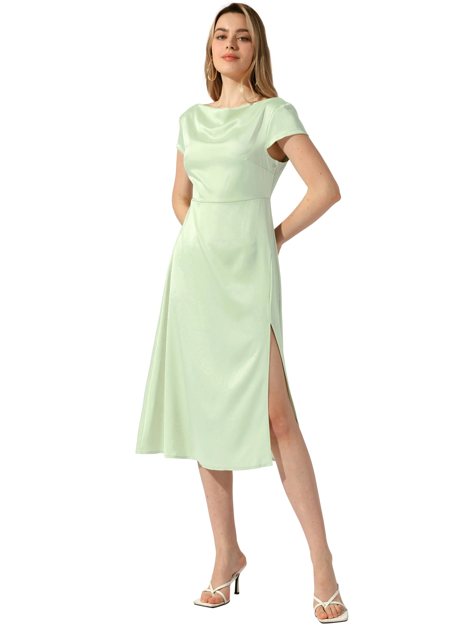 Cowl Neck Cap Sleeve Twist Cut-Out Backless Slit Midi Satin Dress