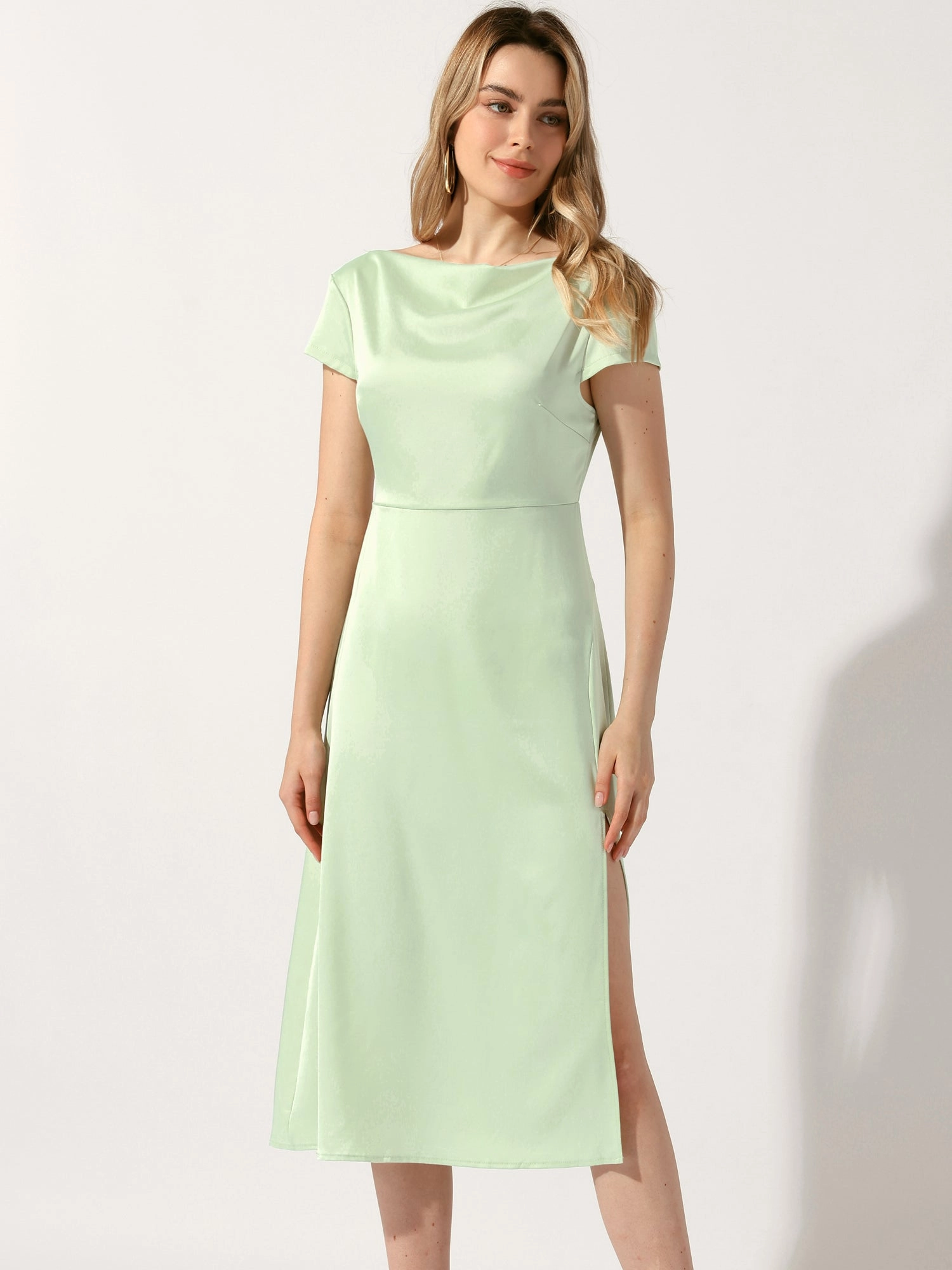 Cowl Neck Cap Sleeve Twist Cut-Out Backless Slit Midi Satin Dress
