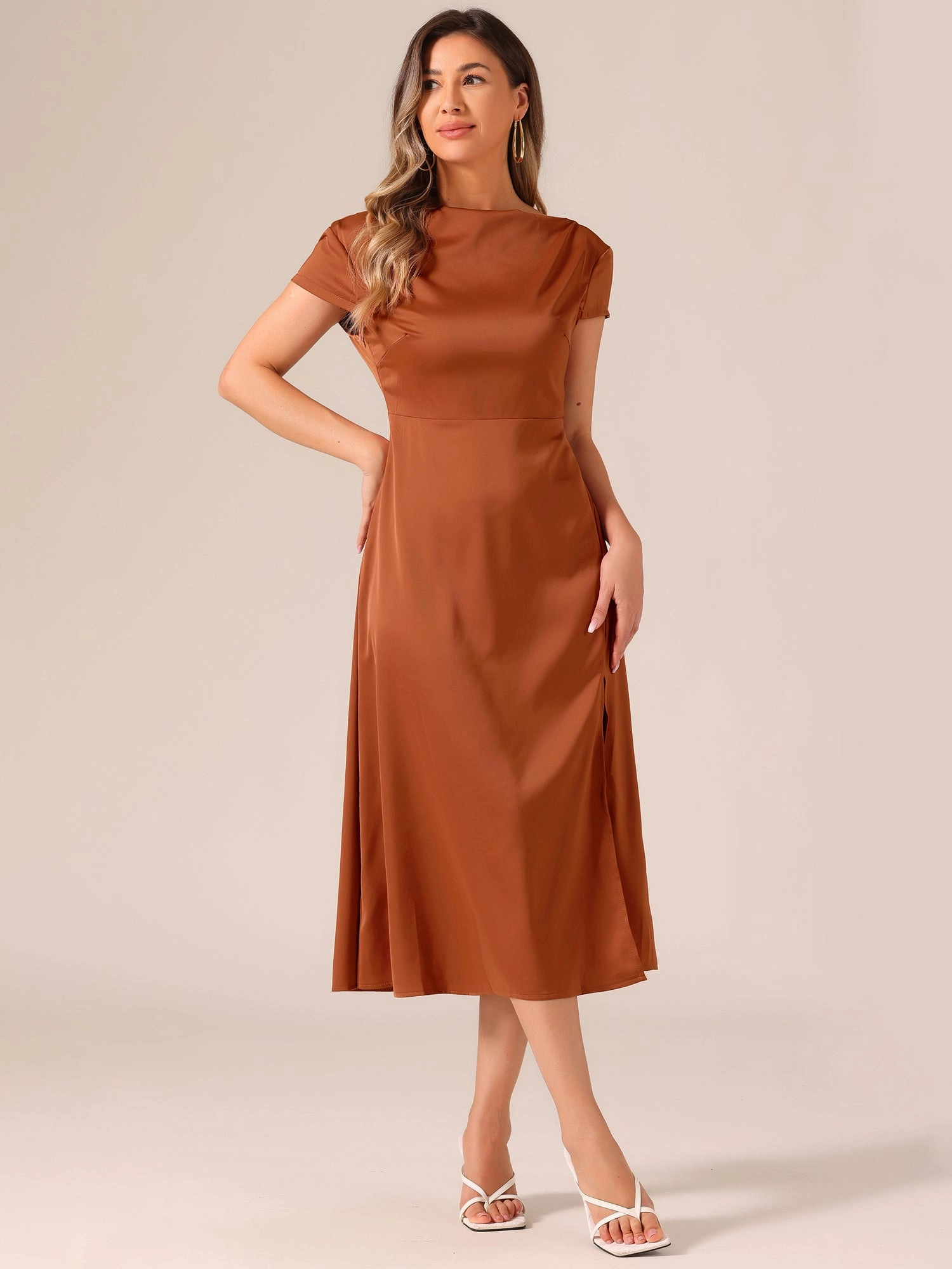 Cowl Neck Cap Sleeve Twist Cut-Out Backless Slit Midi Satin Dress