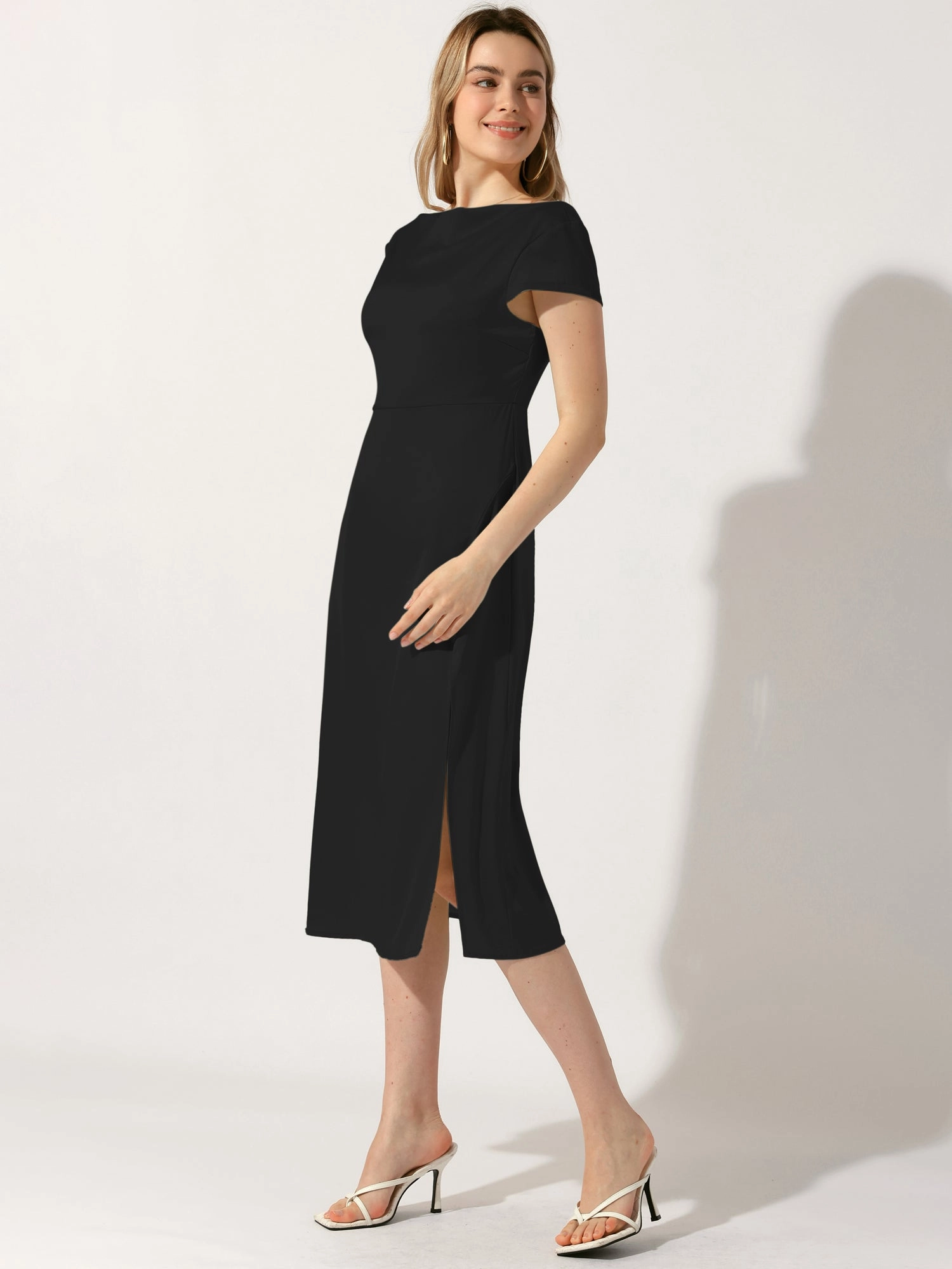 Cowl Neck Cap Sleeve Twist Cut-Out Backless Slit Midi Satin Dress