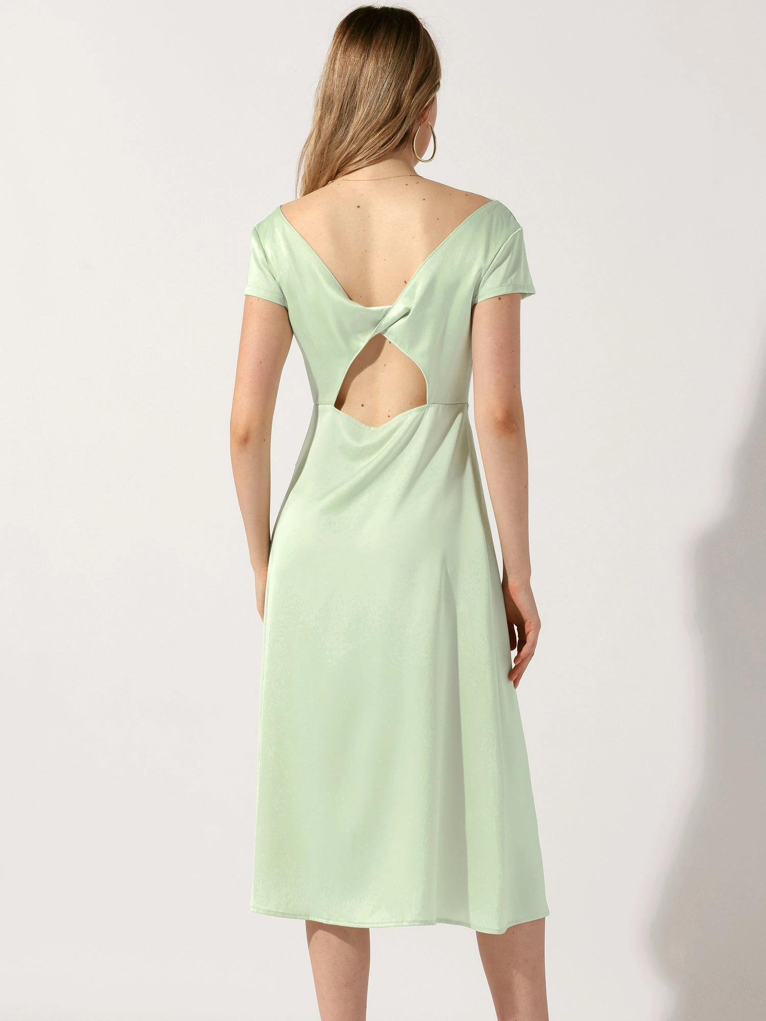 Cowl Neck Cap Sleeve Twist Cut-Out Backless Slit Midi Satin Dress