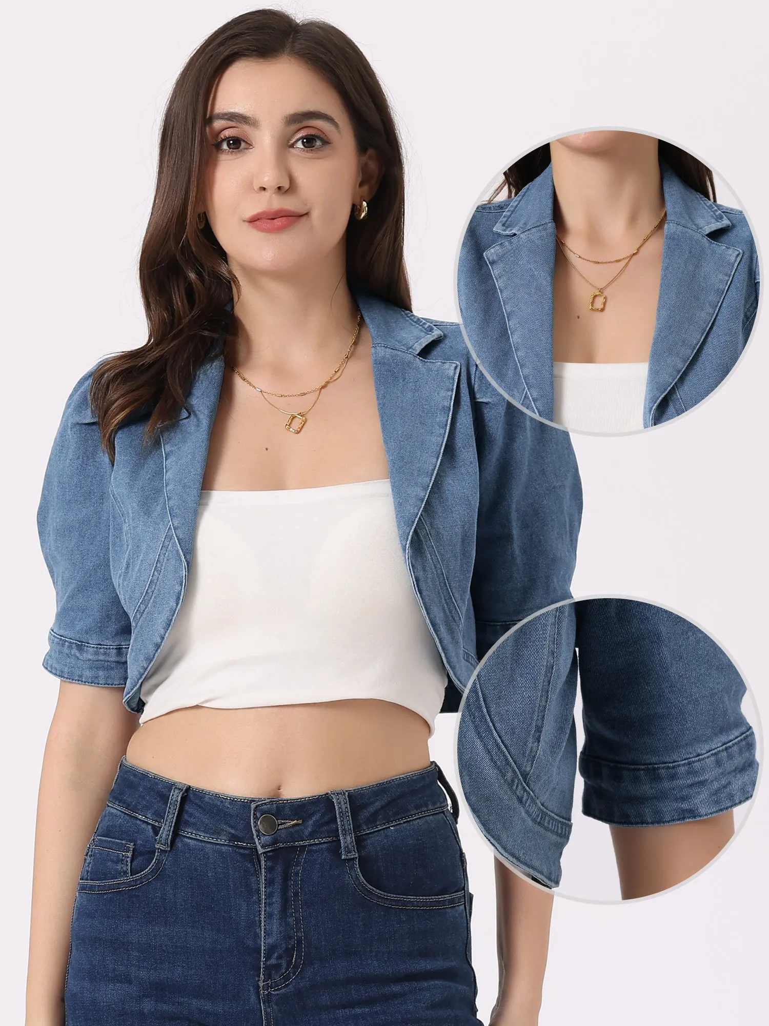 Cropped Denim Short Sleeve Lapel Collar Jean Jacket