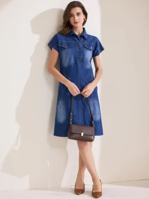 Denim Casual Short Sleeve Collared Midi Jean Dress