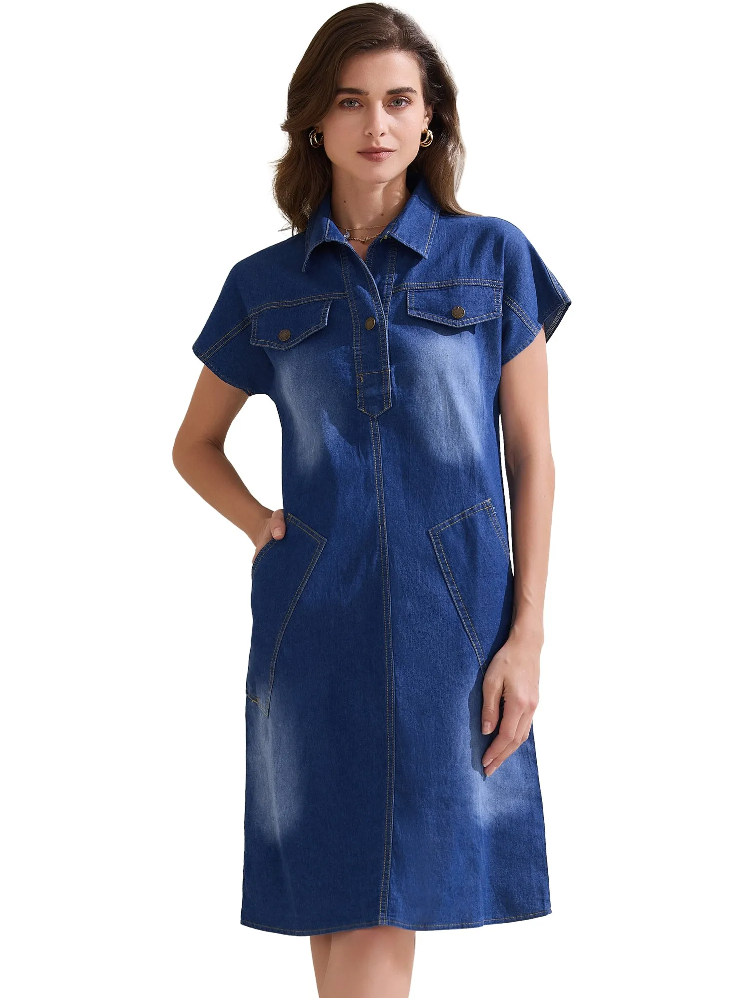 Denim Casual Short Sleeve Collared Midi Jean Dress