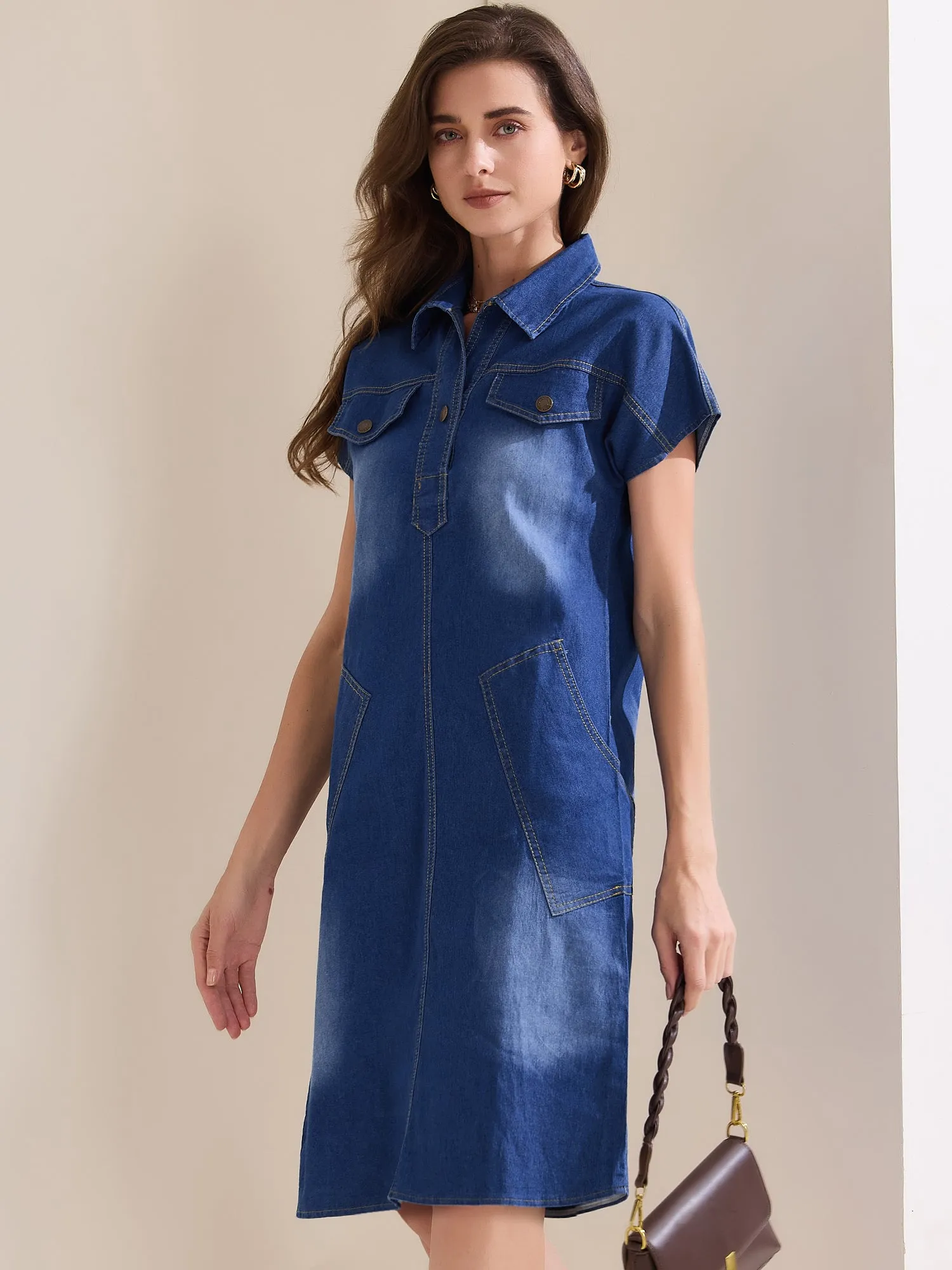 Denim Casual Short Sleeve Collared Midi Jean Dress
