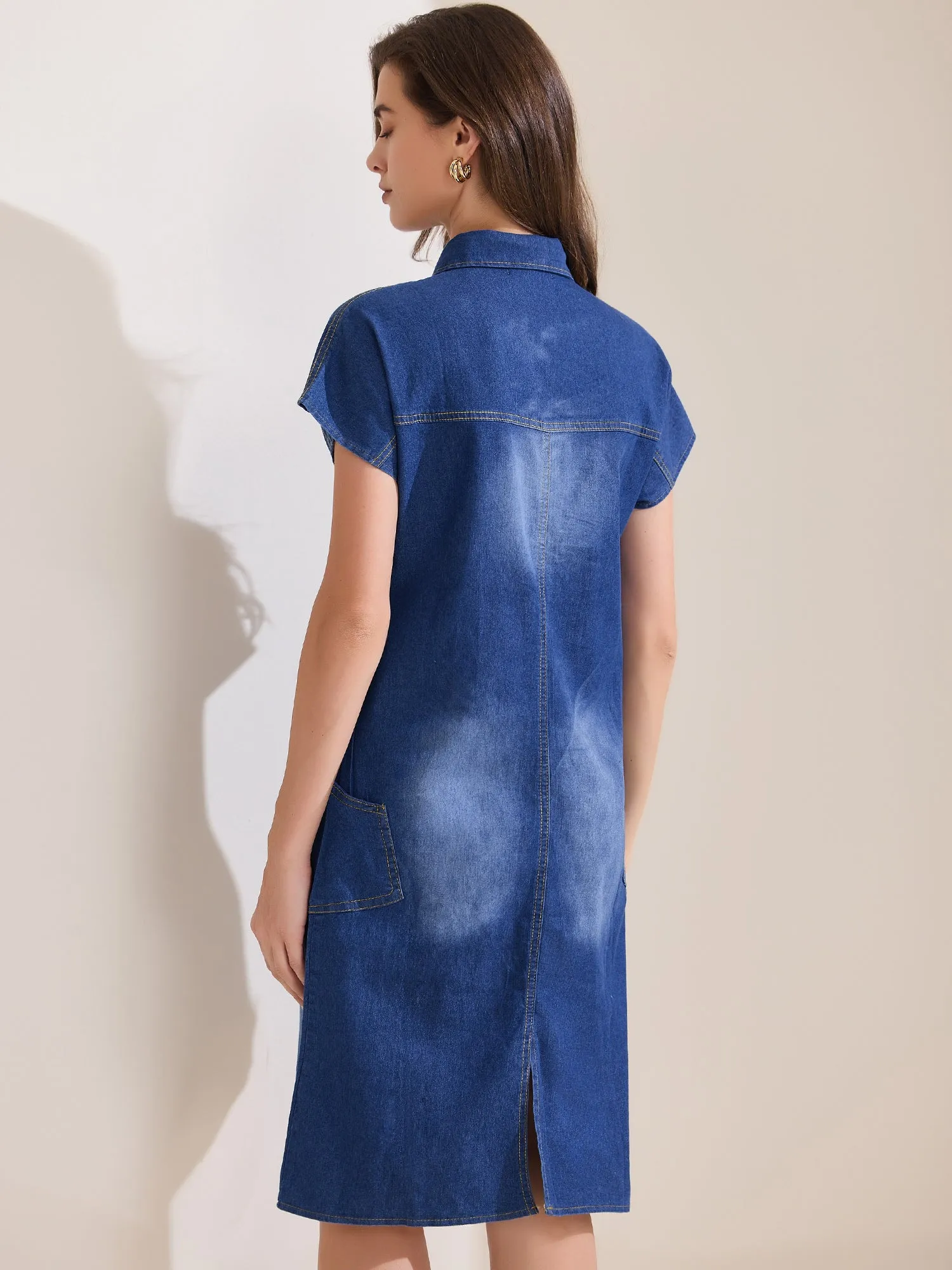 Denim Casual Short Sleeve Collared Midi Jean Dress