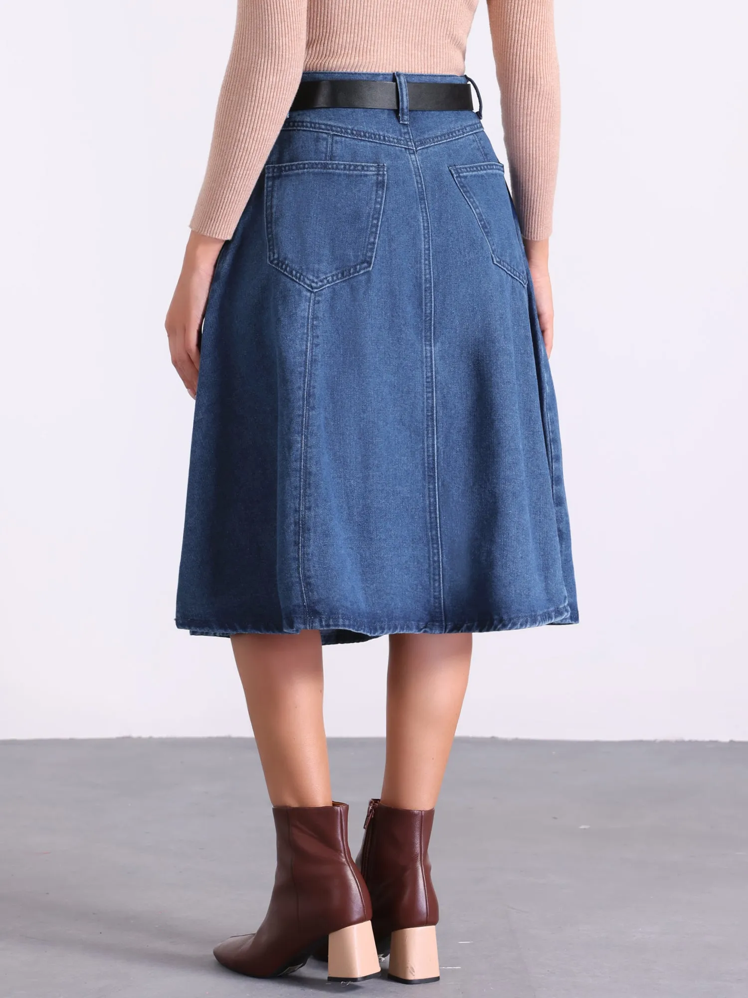 Denim High Waist A-Line Pockets Belted Midi Jean Skirt