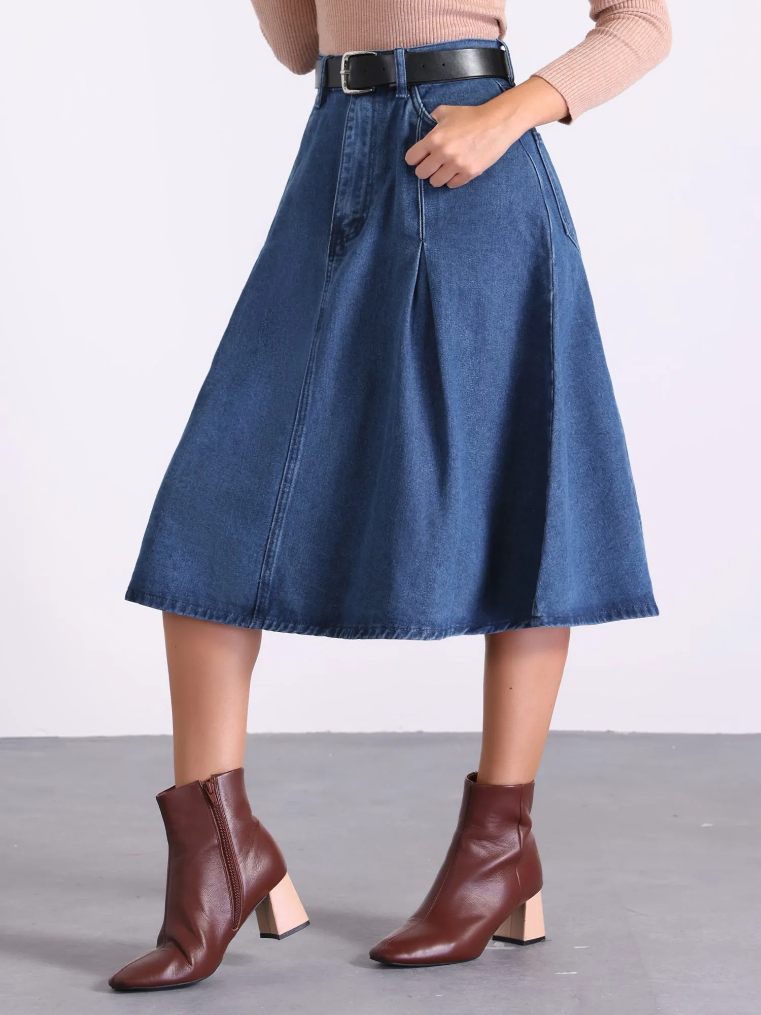 Denim High Waist A-Line Pockets Belted Midi Jean Skirt