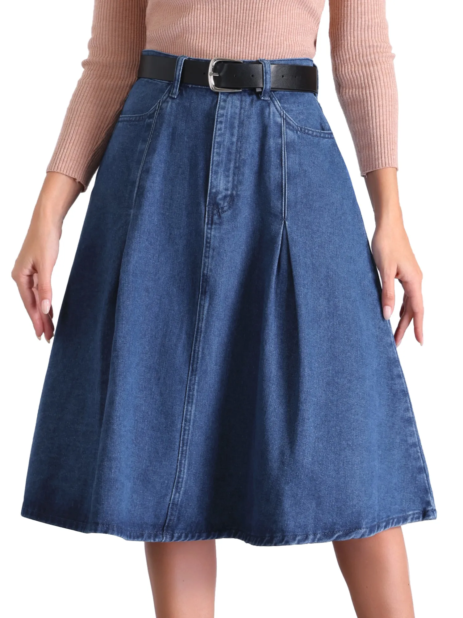 Denim High Waist A-Line Pockets Belted Midi Jean Skirt