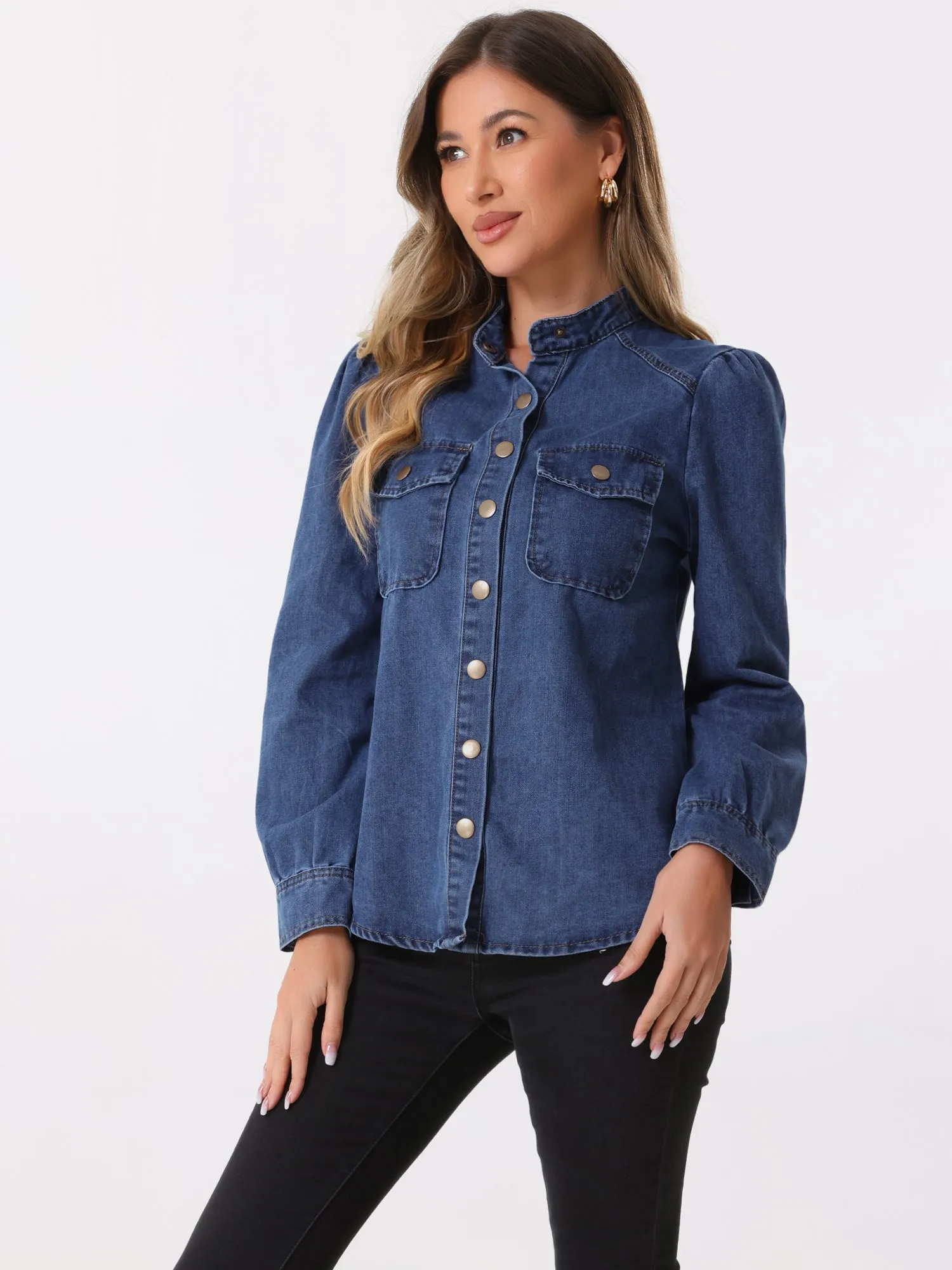 Denim Mock Neck Puff Long Sleeve Button Down Jean Shirt