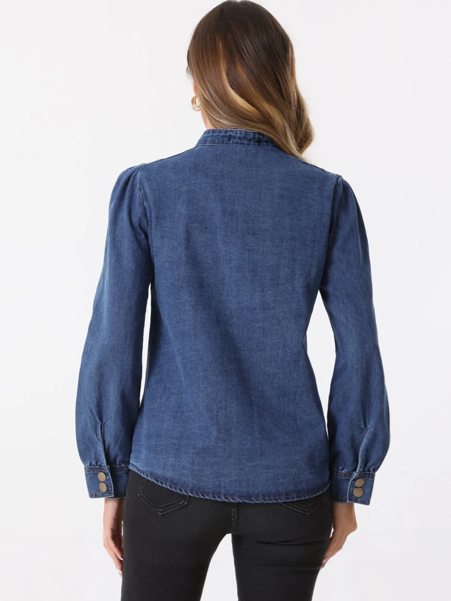 Denim Mock Neck Puff Long Sleeve Button Down Jean Shirt