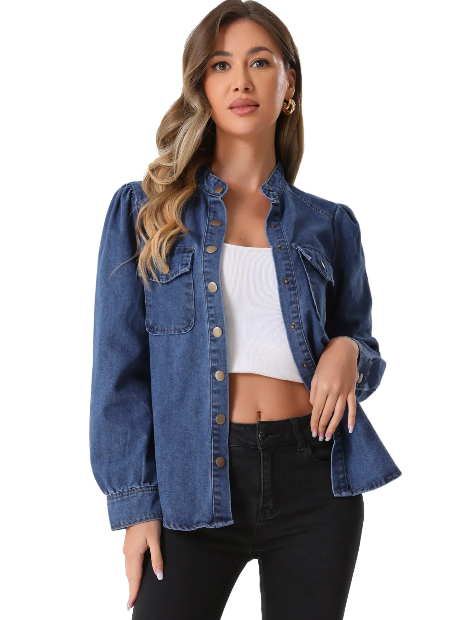 Denim Mock Neck Puff Long Sleeve Button Down Jean Shirt