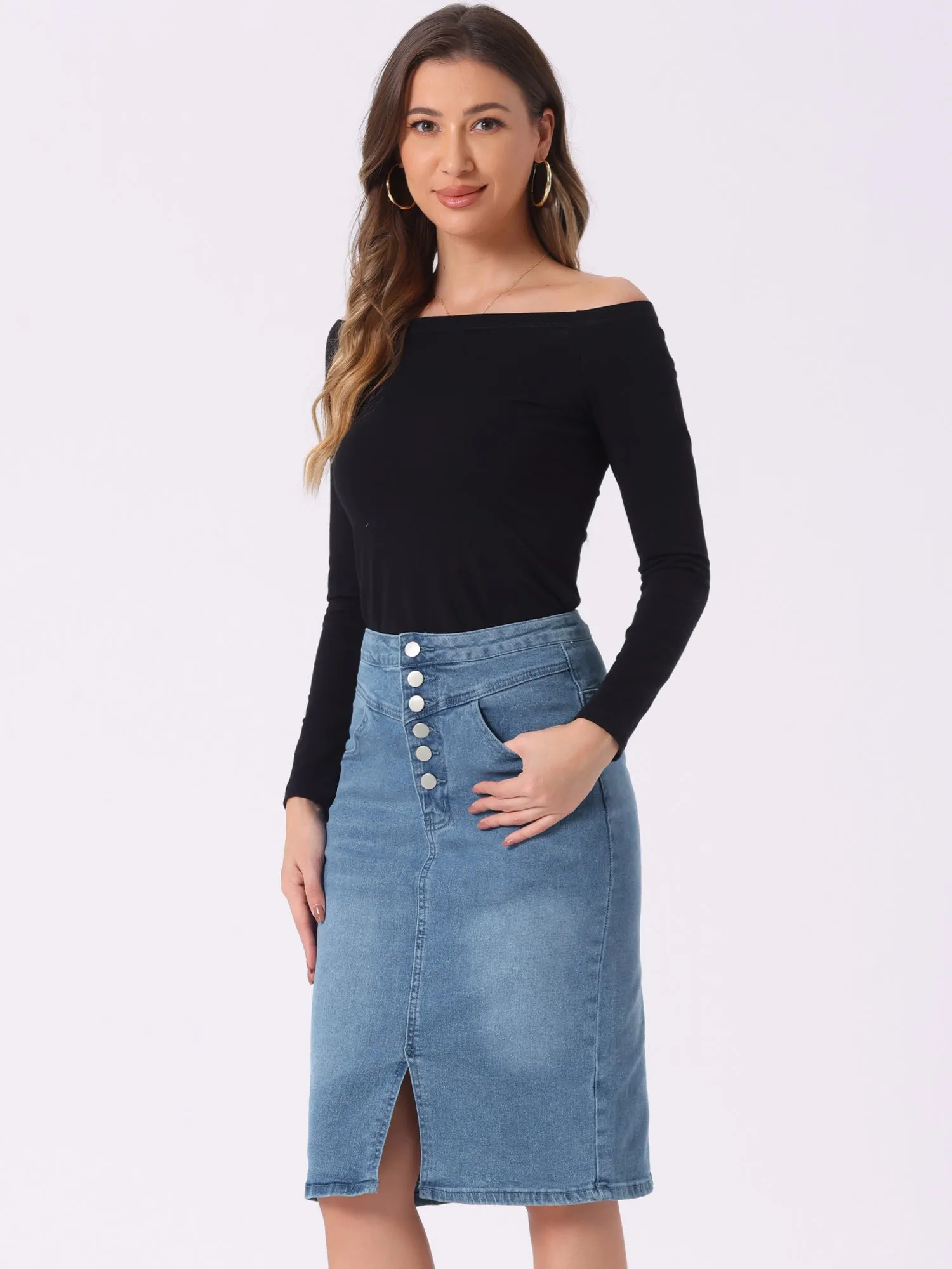Denim Pencil Button High Waist Split Hem Casual Midi Jean Skirts