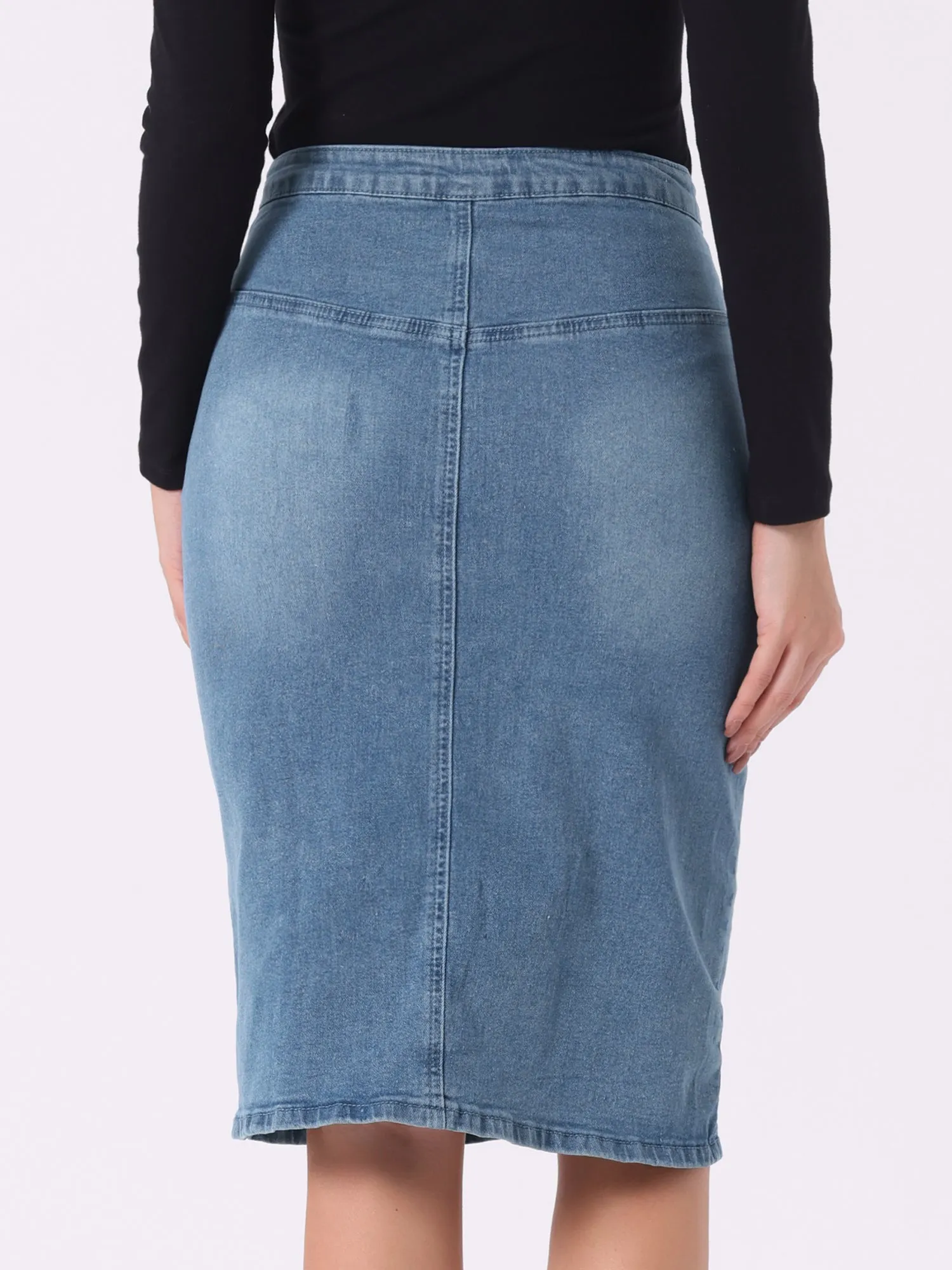 Denim Pencil Button High Waist Split Hem Casual Midi Jean Skirts