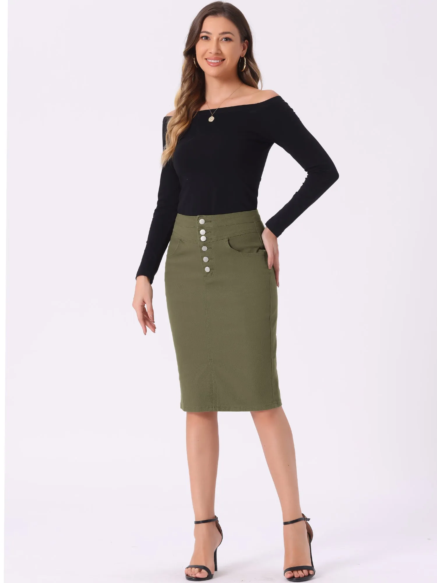 Denim Pencil Button High Waist Split Hem Casual Midi Jean Skirts