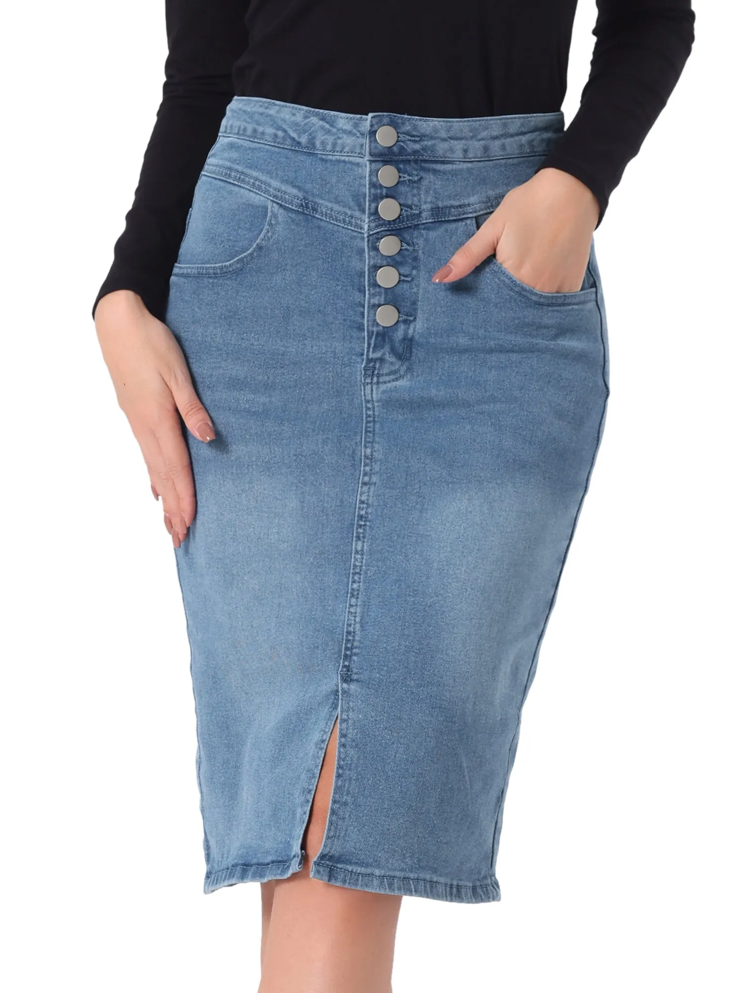 Denim Pencil Button High Waist Split Hem Casual Midi Jean Skirts